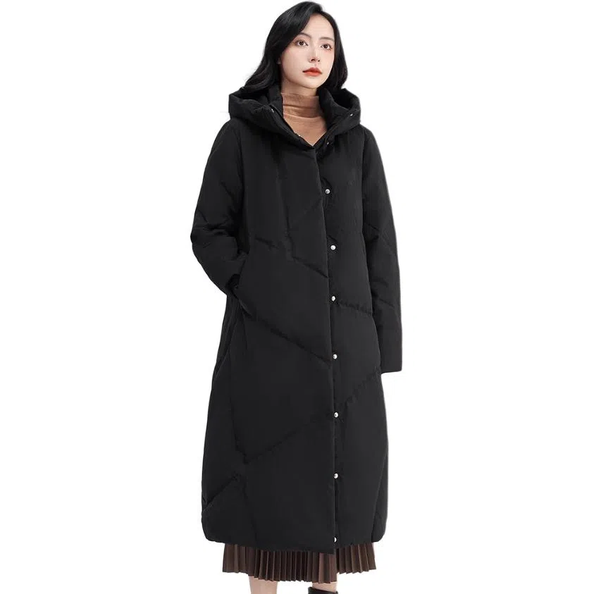鸭鸭 纯色长款连帽加厚长袖羽绒服 女款