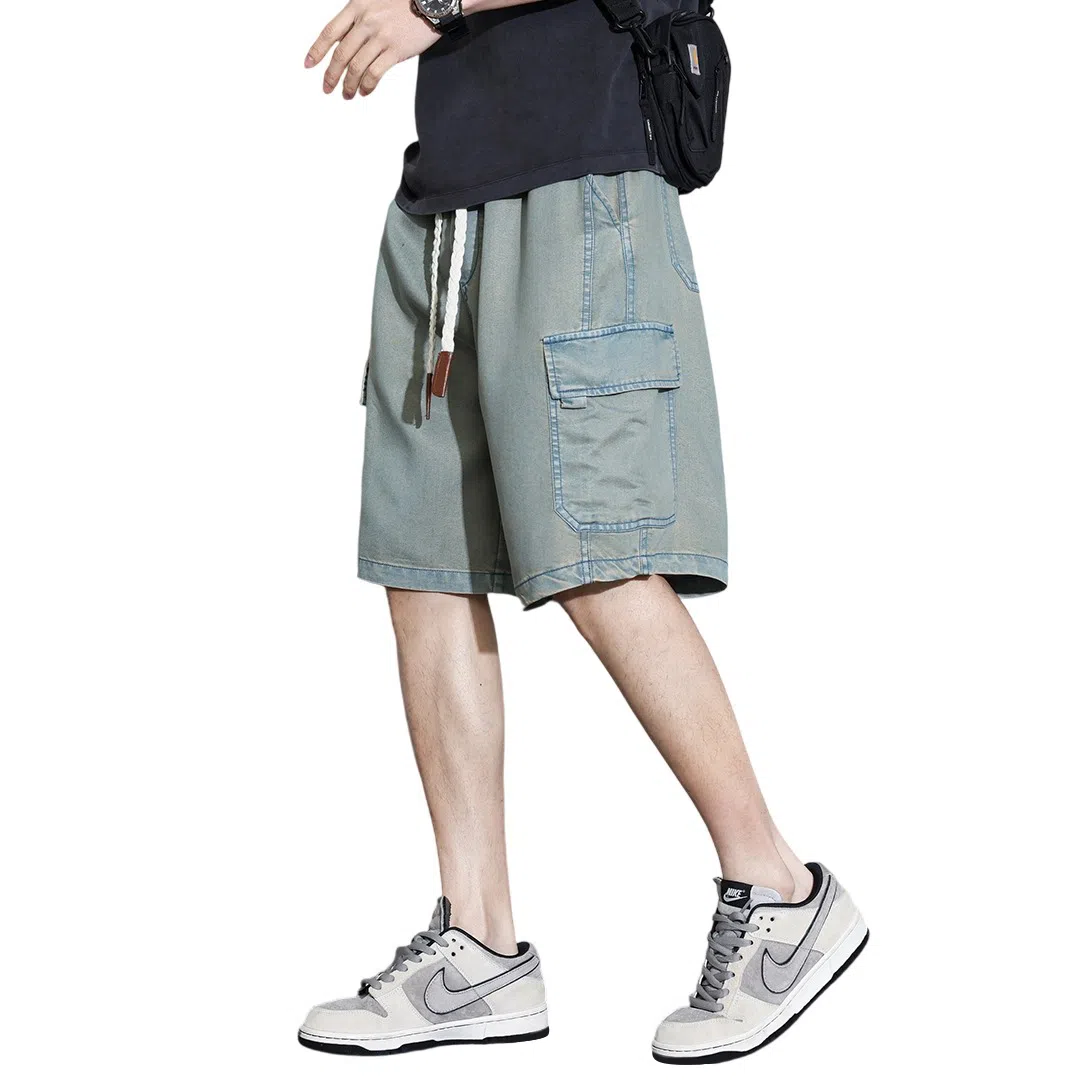顶峰保罗 无性别主义宽松潮牌百搭直筒工装薄款五分牛仔短裤 男女同款