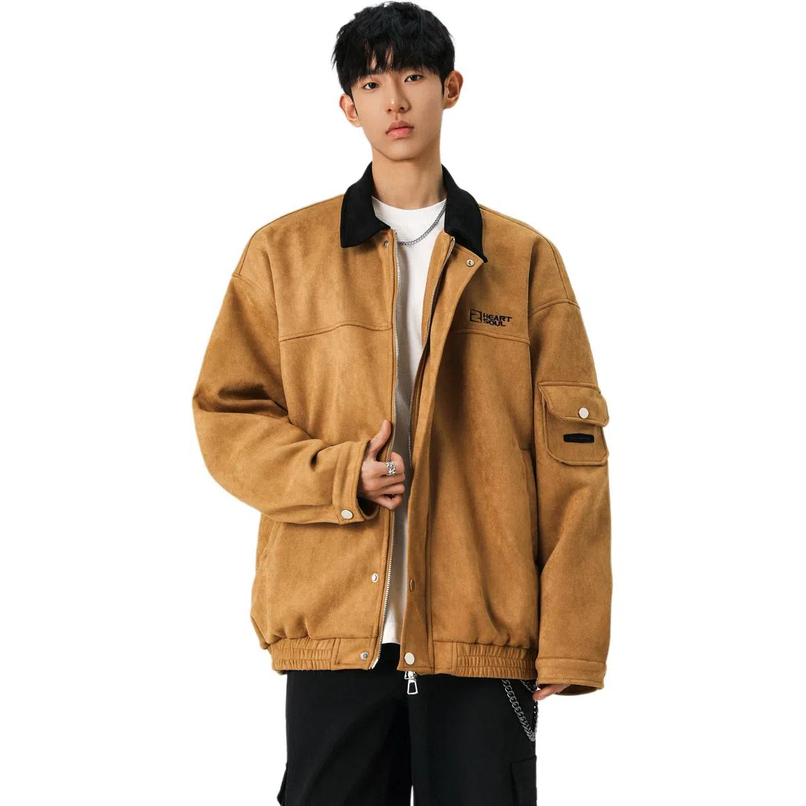 颂希尔 刺绣鹿皮绒美式复古翻领工装款日系潮牌夹克外套 男女同款