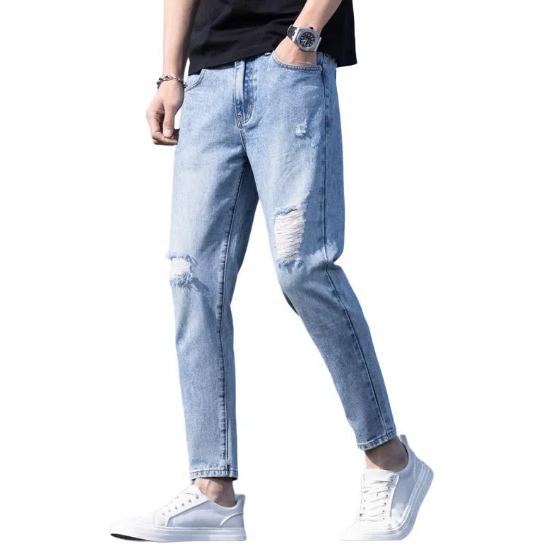 尘映 美式高街潮牌复古破洞水洗休闲百搭透气清凉九分小脚修身牛仔裤 男女同款