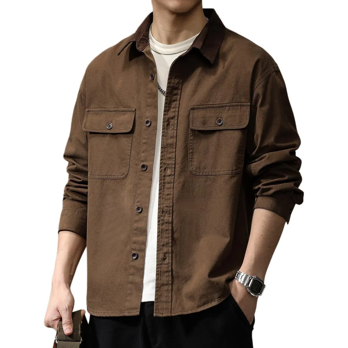 贵色 男士翻领百搭夹克纯棉休闲百搭衬衣外套美式简约痞帅明线工装重磅水洗咖色长袖衬衫 男女同款