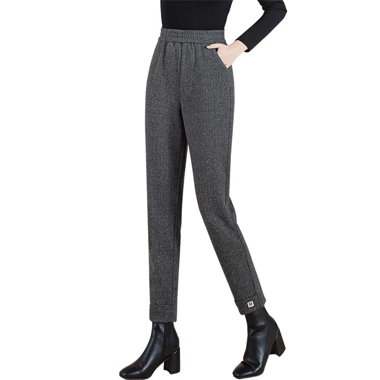 丝柏舍 高腰人字纹哈伦裤松紧腰九分显瘦休闲裤 女款