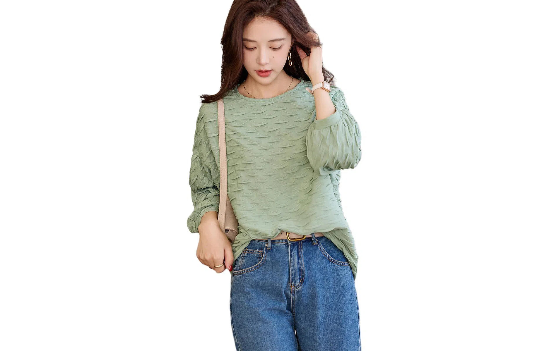 【dme】 宽松圆领纯色九分袖卫衣 女款 薄荷绿