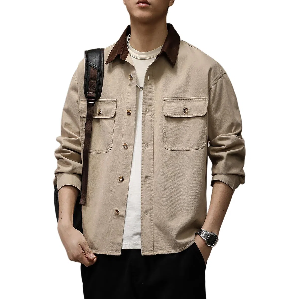 贵色 男士翻领百搭夹克纯棉休闲百搭衬衣外套美式简约痞帅明线工装重磅水洗咖色长袖衬衫 男女同款