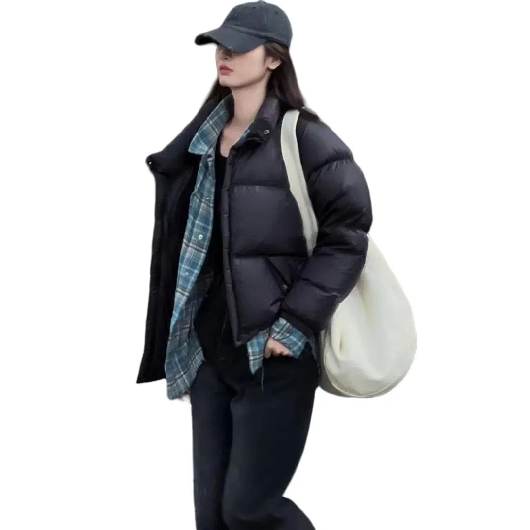 羽物 纯色短款立领保暖插肩宽松羽绒服 女款 黑色