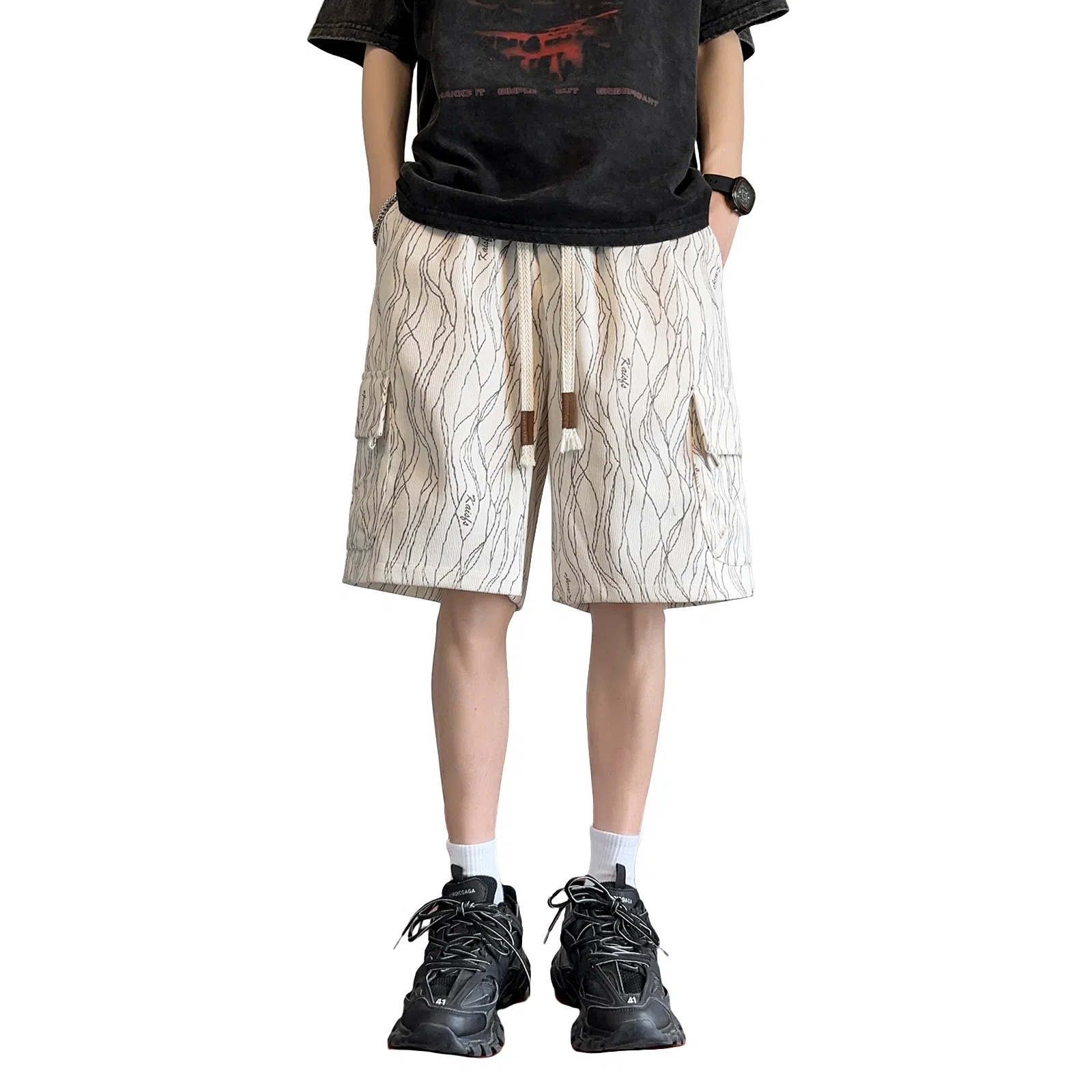 哲源 美式高街潮流简约痞帅风裂纹小众设计系带中腰宽松休闲百搭舒适亲肤透气五分工装短裤 男女同款