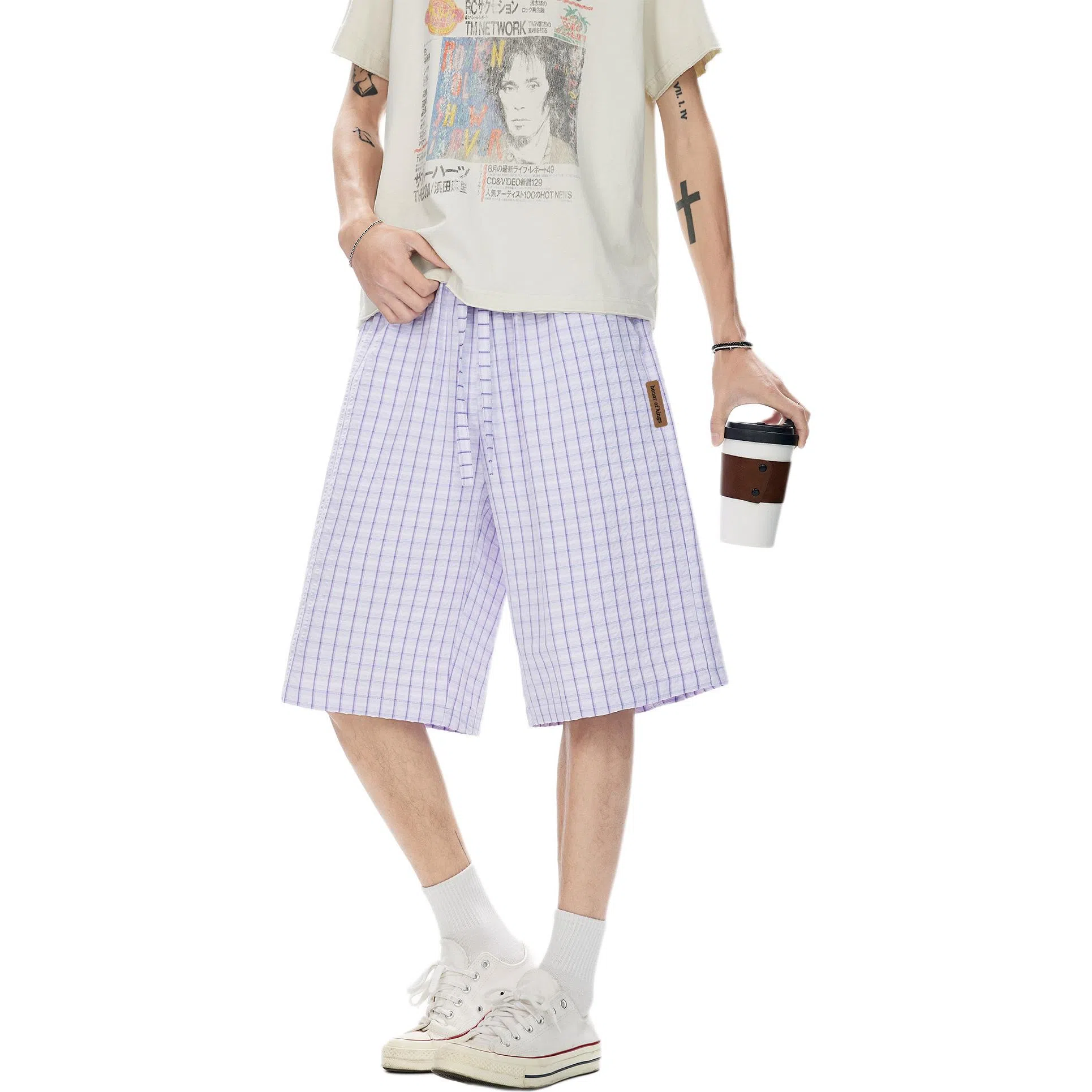 王者荣耀 美式复古格子五分裤宽松舒适透气居家户外运动休闲时尚百搭潮流篮球裤 男女同款