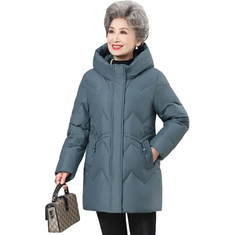 鸭鸭 纯色花卉刺绣连帽长袖羽绒服 女款