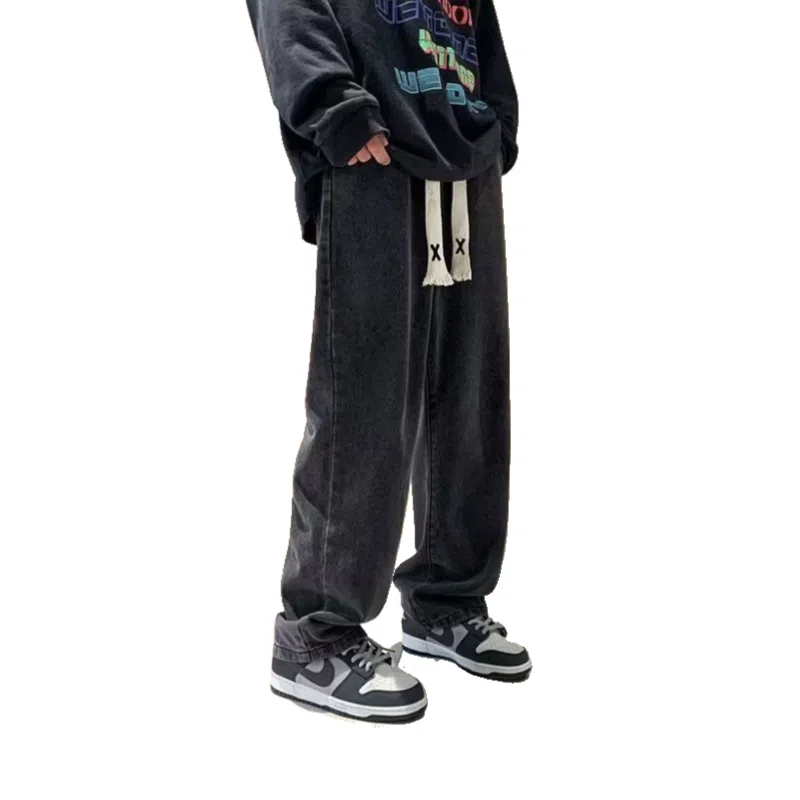 玉儿恋 潮牌水洗做旧复古中腰宽松直筒休闲系带牛仔裤 男款