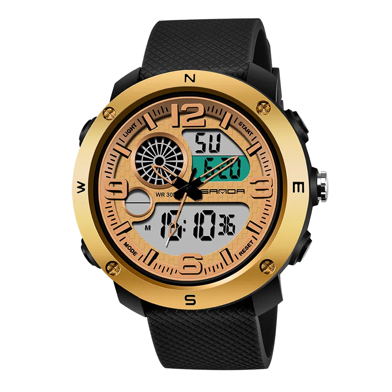 三达 时尚潮流学生腕表 电子+石英机芯 塑胶表带 国表 男表 黑色表盘 防水夜光