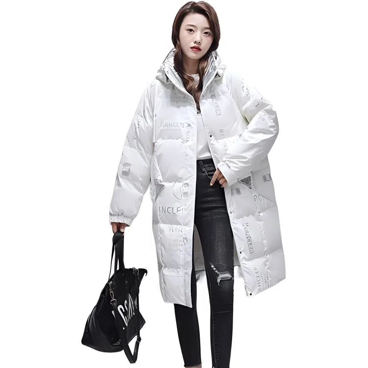 鸭鸭 中长款连帽时尚撞色亮面羽绒服 女款