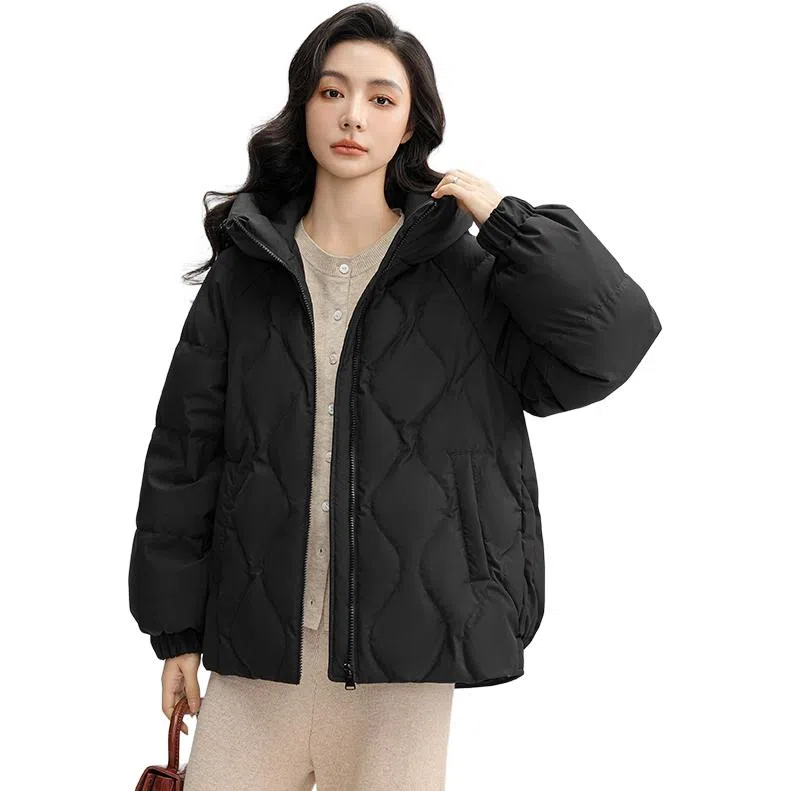 鸭鸭 直筒纯色连帽保暖长袖羽绒服 女款