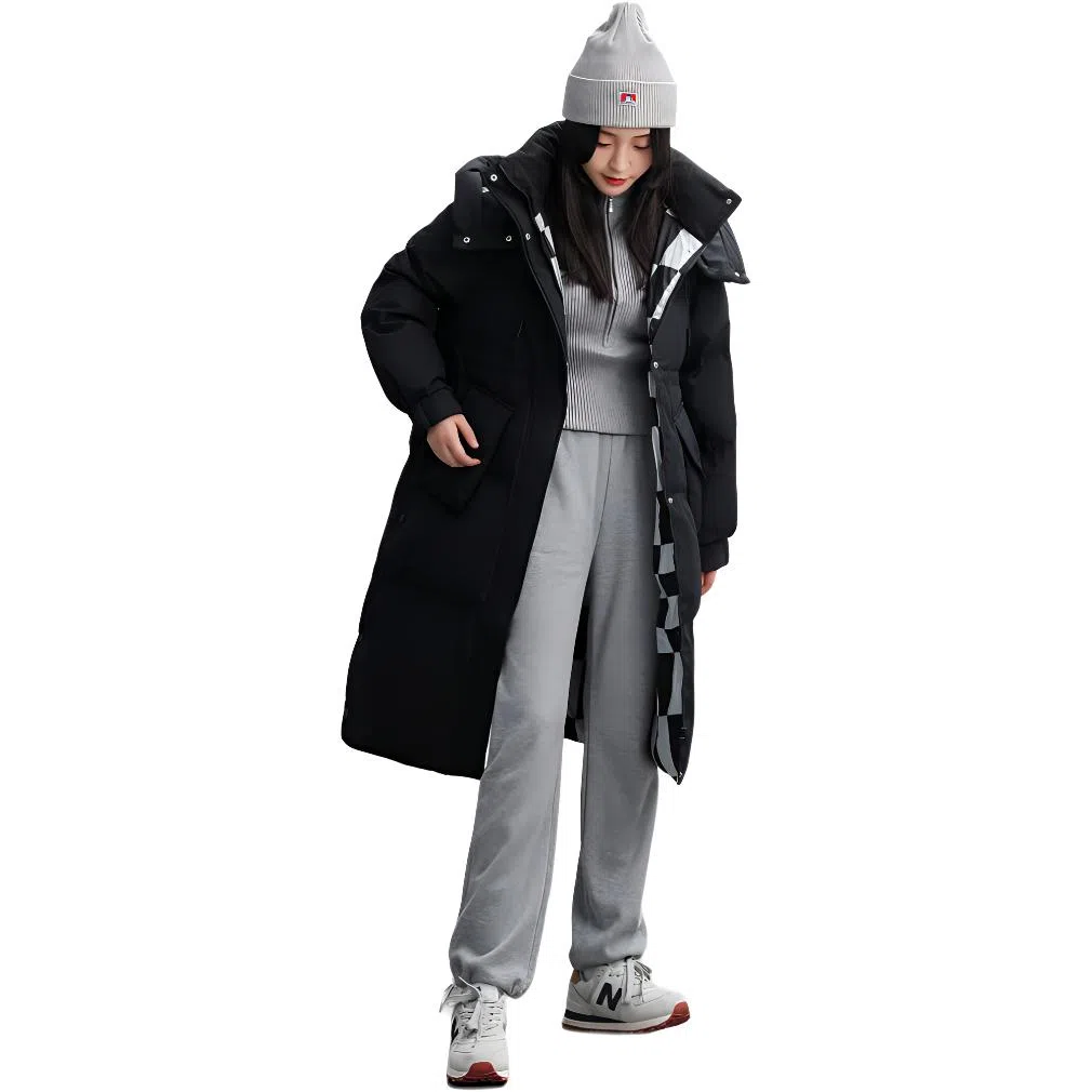 鸭鸭 简约宽松中长纯色棋盘格连帽拉链口袋加厚长袖羽绒服 女款