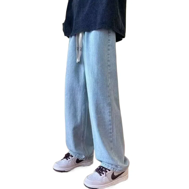 玉儿恋 潮牌水洗做旧复古中腰宽松直筒休闲系带牛仔裤 男款