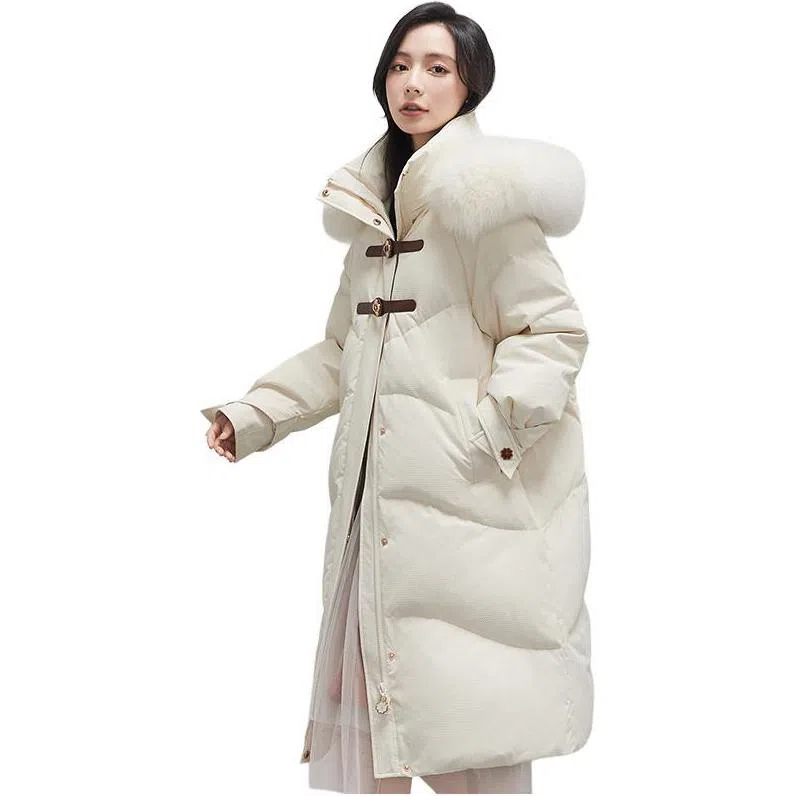 鸭鸭 舒适休闲经典保暖时尚加厚宽松连帽中长款羽绒服 女款