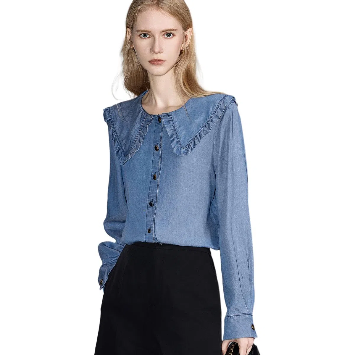 【dme】 纯色单排纽扣尖领牛仔长袖衬衫 女款 浅牛仔蓝