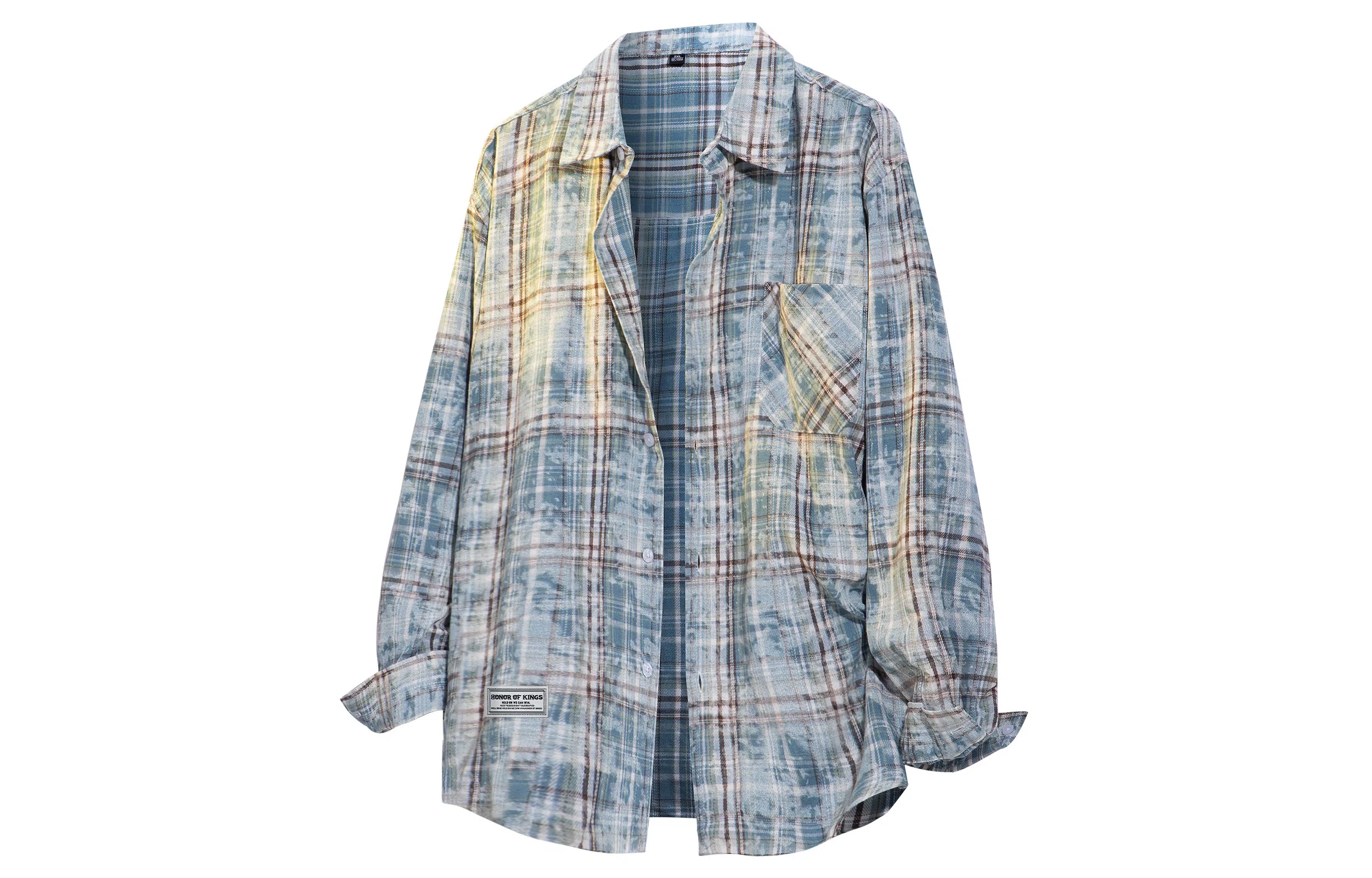 王者荣耀 美式扎染格子翻领外套宽松舒适高街痞帅青少年高颜值休闲百搭时尚长袖衬衫 标语款 男女同款