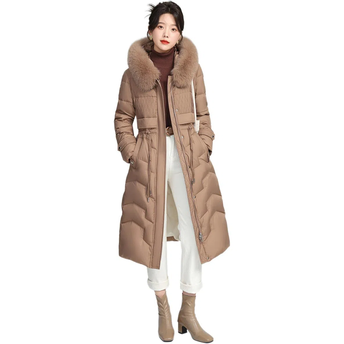 鸭鸭 纯色连帽拉链保暖中长款长袖羽绒服 女款