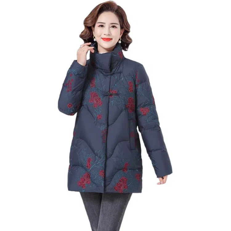 鸭鸭 植物花灰立领长袖羽绒服 女款