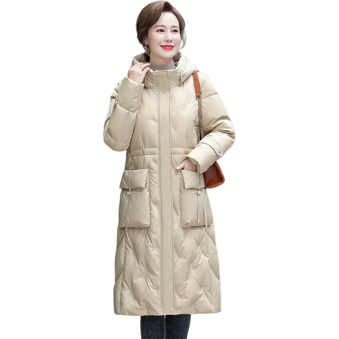 鸭鸭 纯色连帽拉链保暖中长款长袖羽绒服 女款