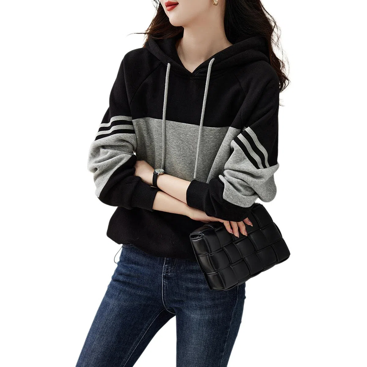 【dme】 通勤拼色宽松条纹拼接连帽减龄遮肉卫衣 女款 黑色