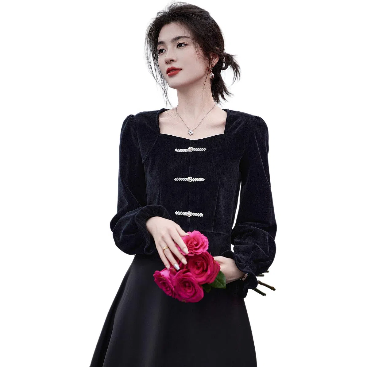 【dme】 纯色丝绒典雅方领珍珠盘扣荷叶边长袖衬衫 女款