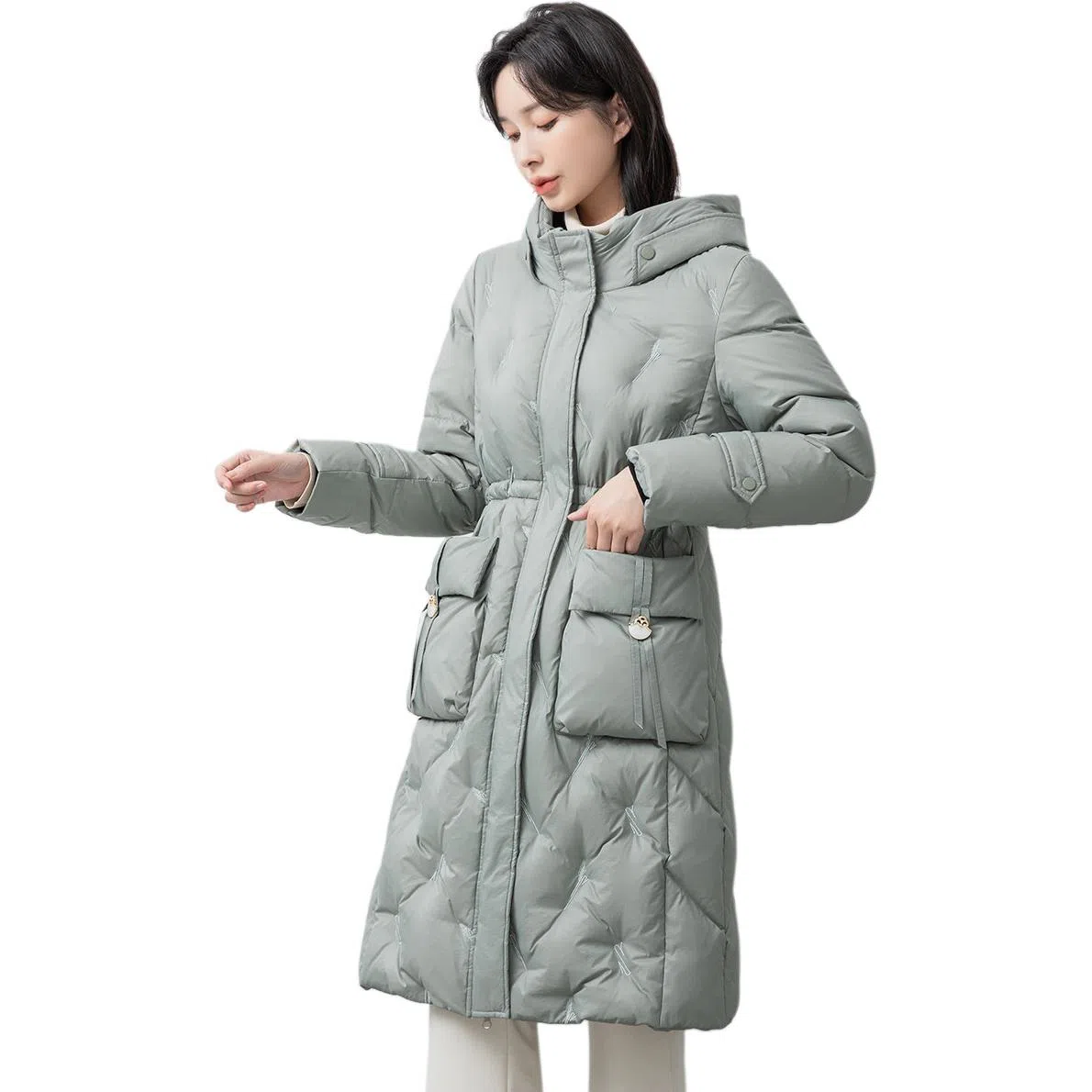 鸭鸭 纯色连帽拉链保暖中长款长袖羽绒服 女款