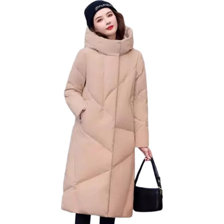 鸭鸭 纯色长款连帽加厚长袖羽绒服 女款
