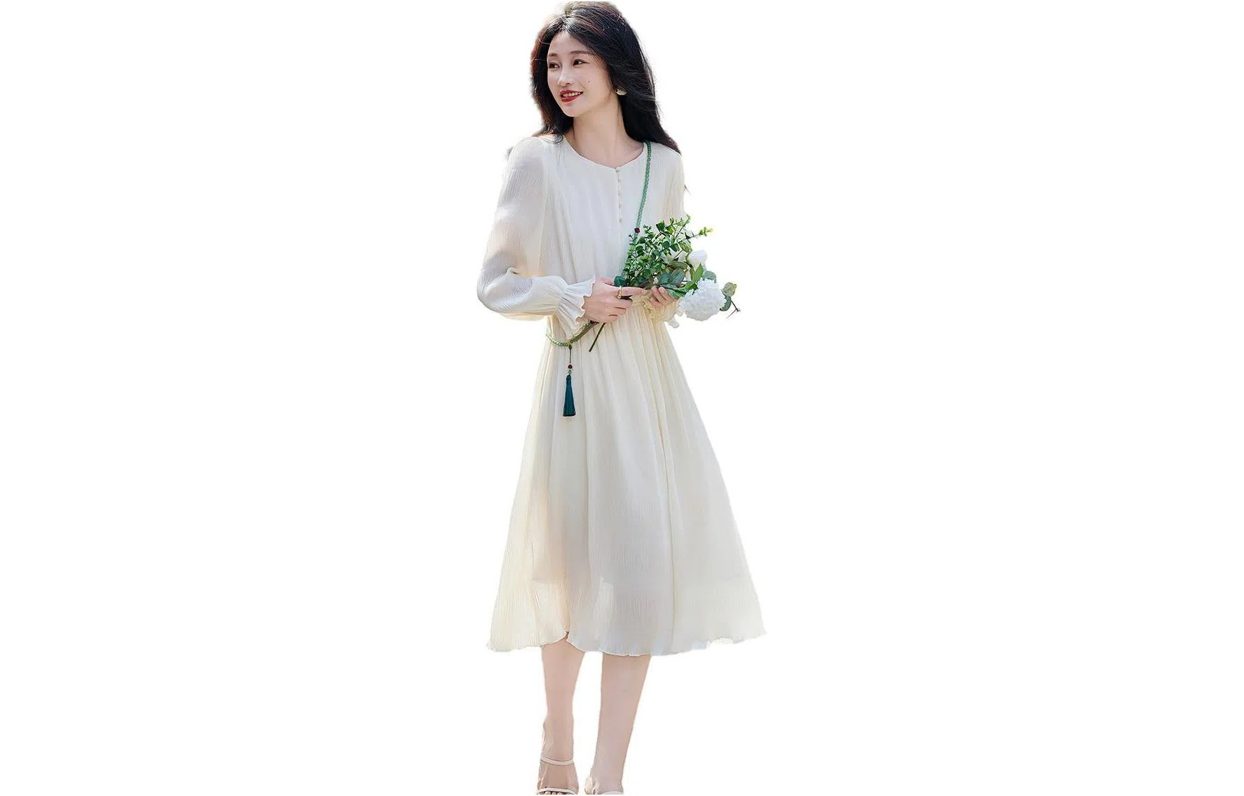 【dme】 纯色收腰薄款圆领休闲长袖连衣裙 女款 米白