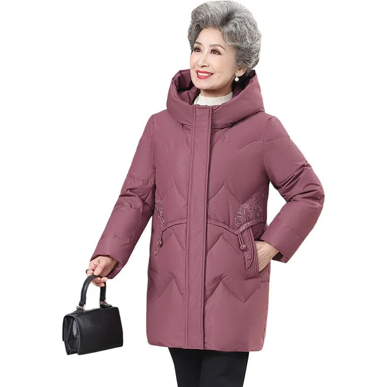 鸭鸭 纯色花卉刺绣连帽长袖羽绒服 女款