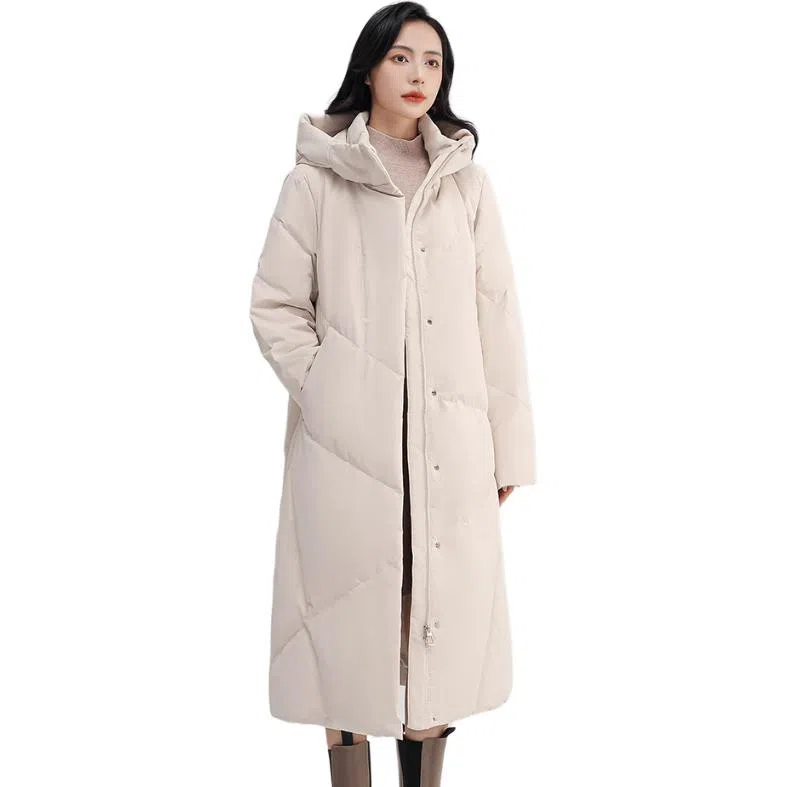 鸭鸭 纯色长款连帽加厚长袖羽绒服 女款