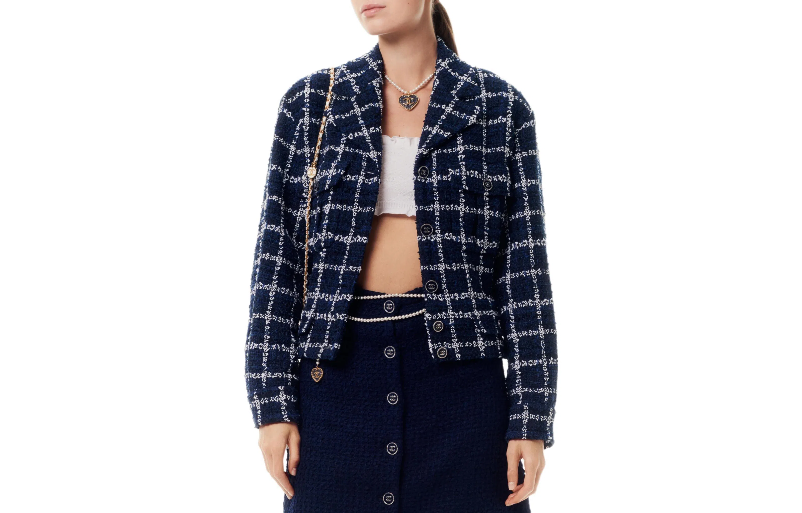 CHANEL Plaid Single-Breasted Jacket Navy Blue