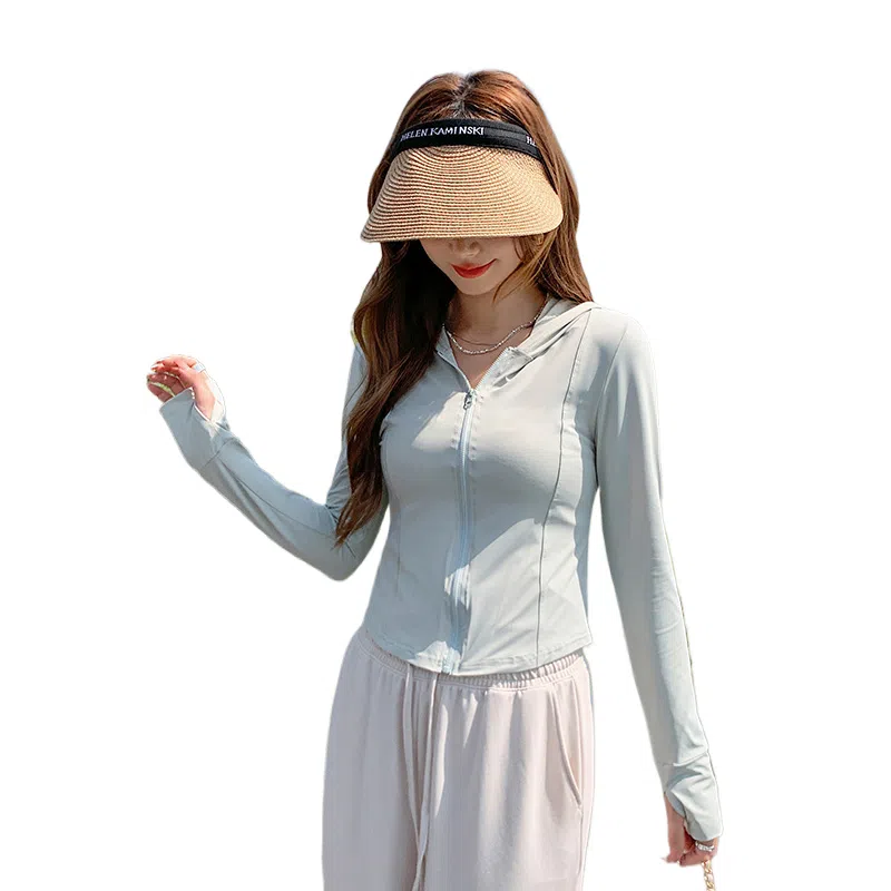 玉儿恋 透气防紫外线修身薄款纯色直筒拉链防晒服 女款