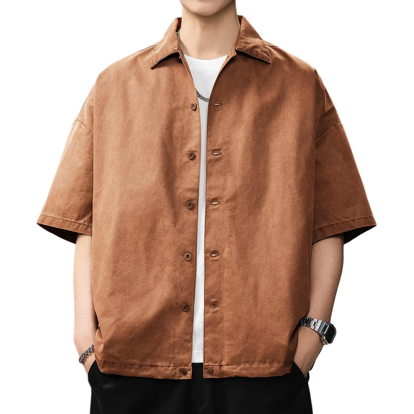 贵色 夏季 日系中性穿搭潮流复古水洗做旧短袖男士时尚纯色简约立体裁剪单排扣设计潮牌翻领休闲半袖衬衣外套衬衫 宽松 男款