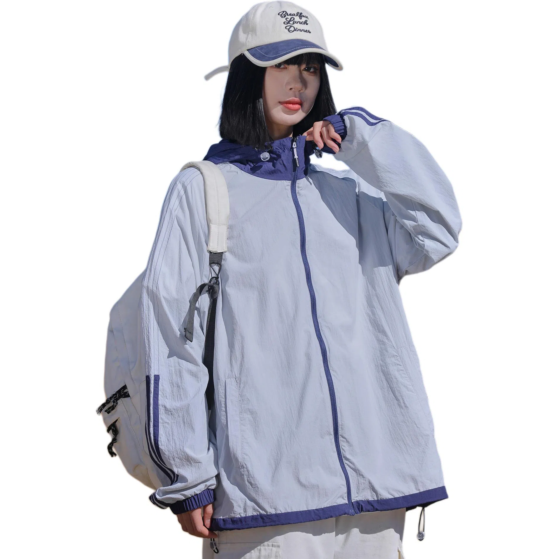 黑恐龙 休闲宽松百搭柔软轻薄时尚简约个性连帽条纹防晒服 男女同款