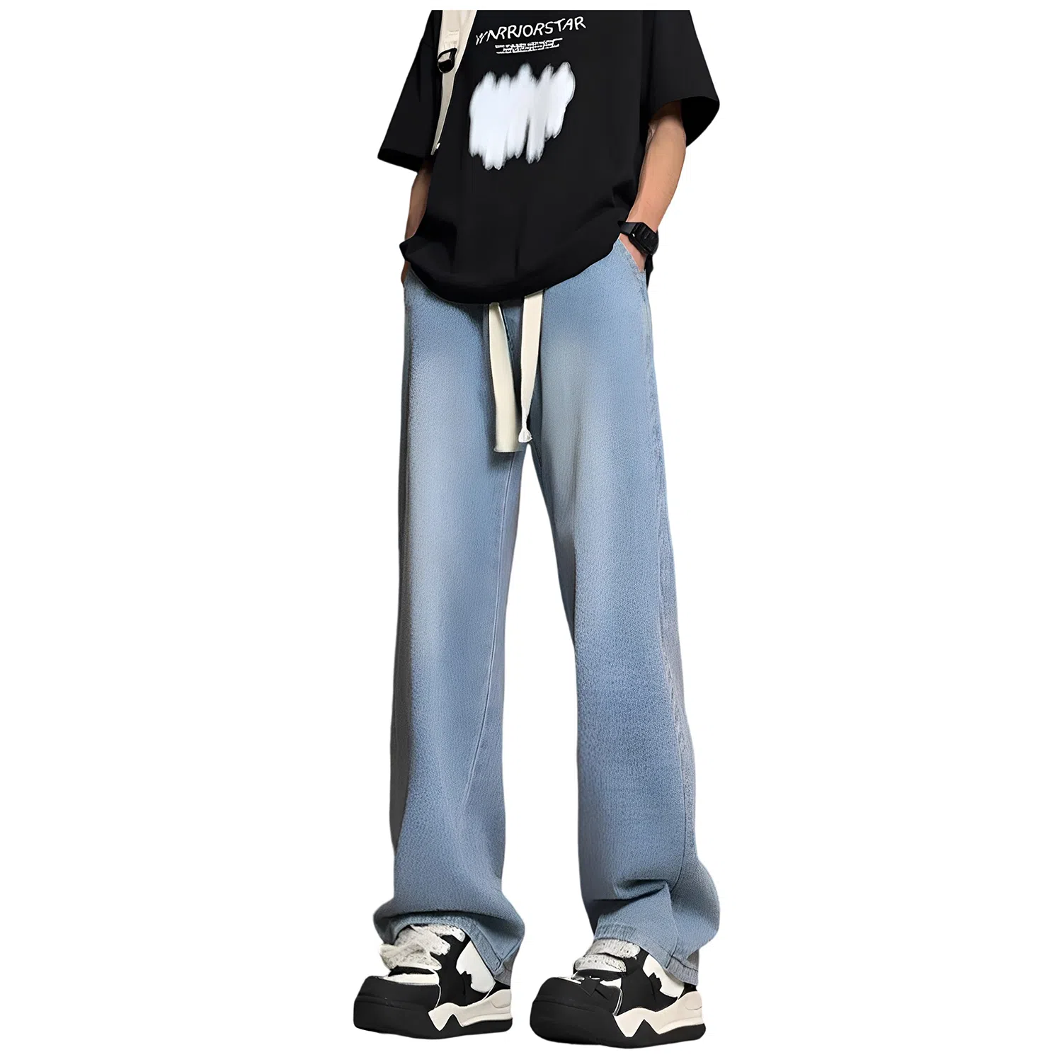 加菲猫家族 美式高街简约基础款复古水洗做旧宽松舒适休闲系带中腰校园学院风直筒垂感日常通勤百搭牛仔裤 男女同款