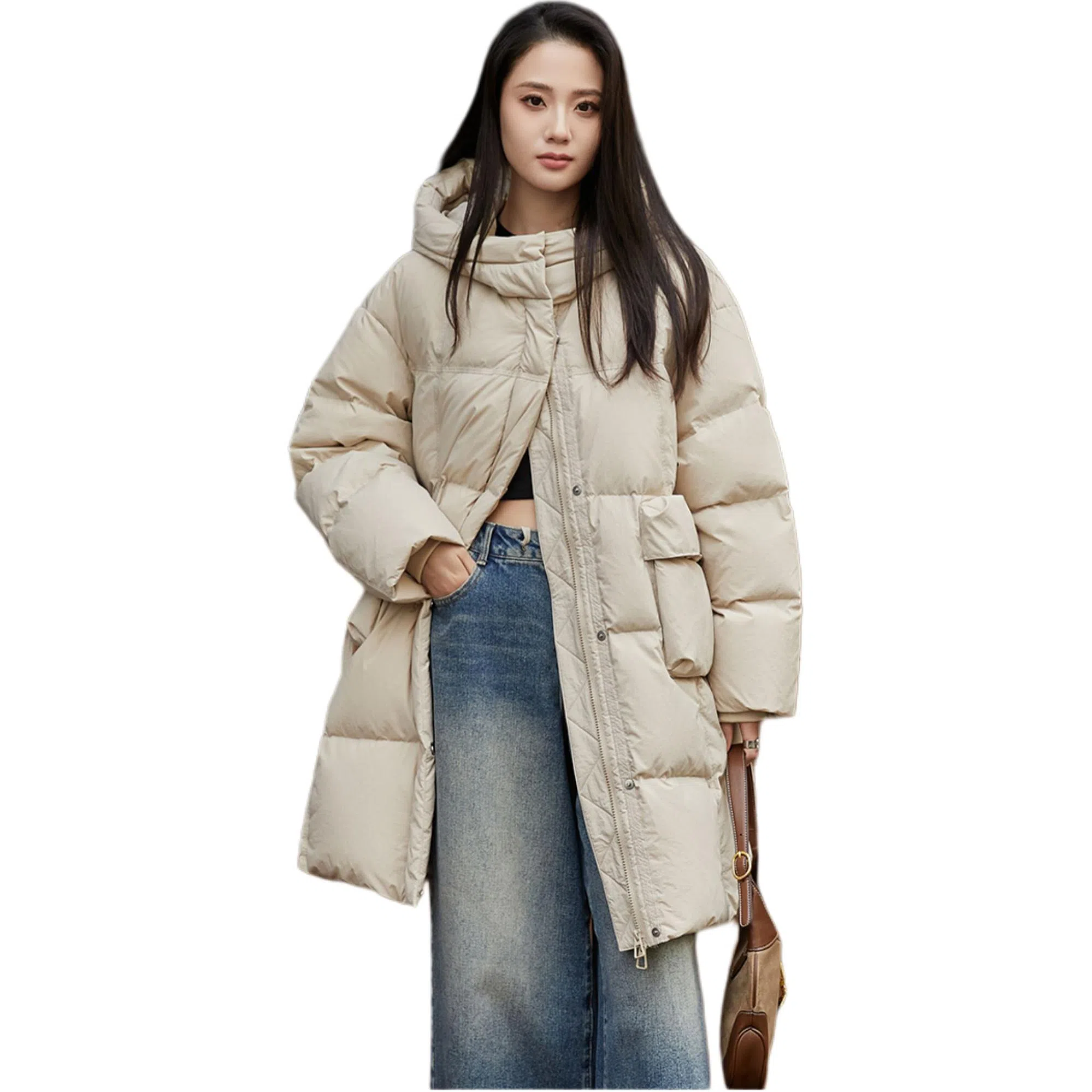 鸭鸭 纯色宽松连帽保暖中长款长袖羽绒服 女款