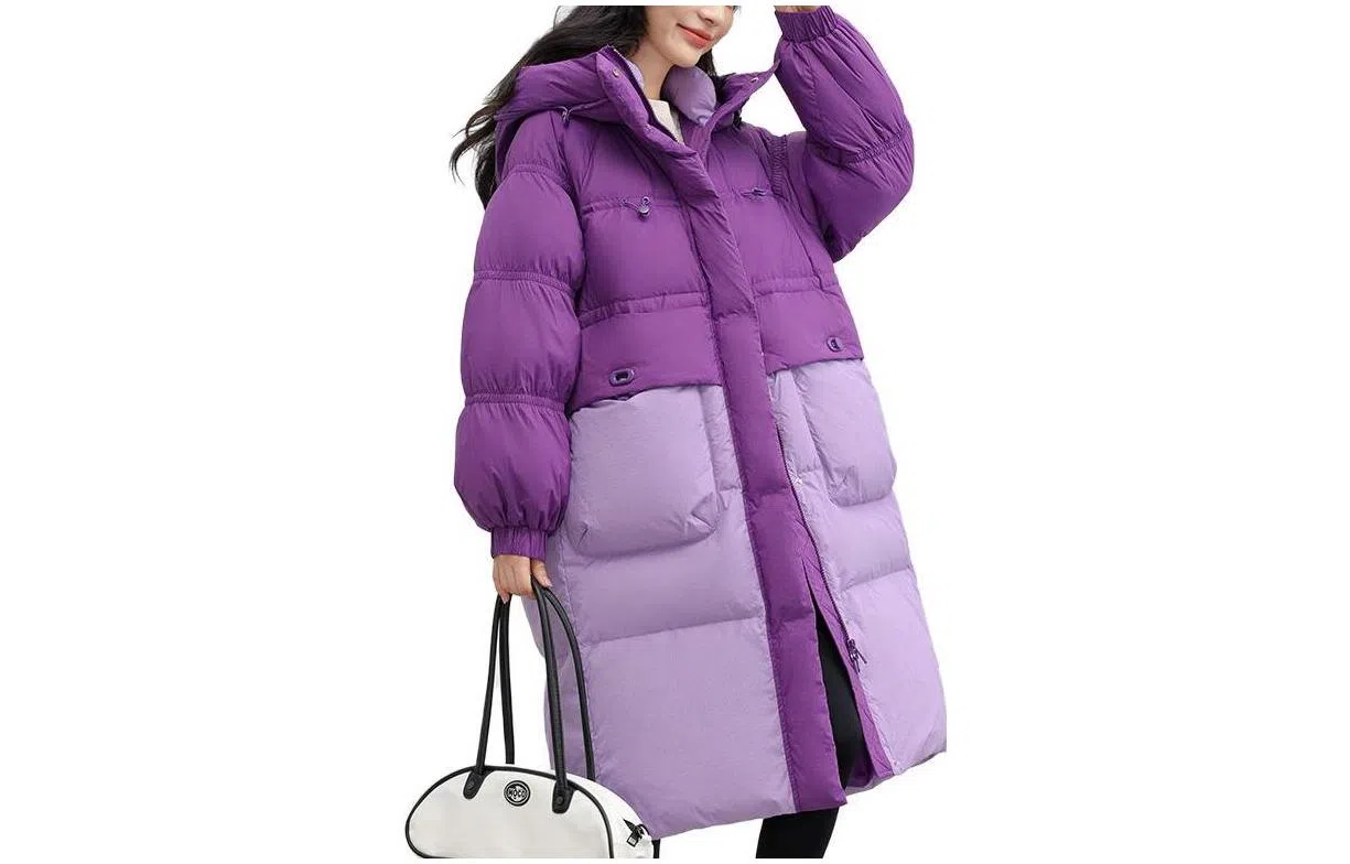 鸭鸭 撞色连帽加厚保暖长款长袖羽绒服 女款