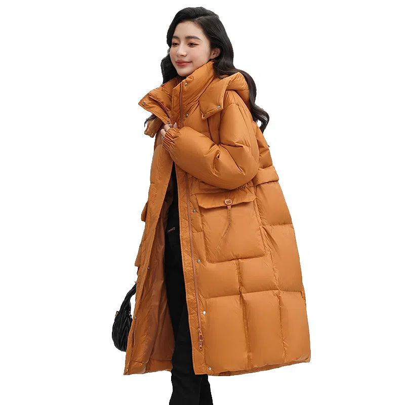 鸭鸭 拉链连帽纯色中长款羽绒服 女款
