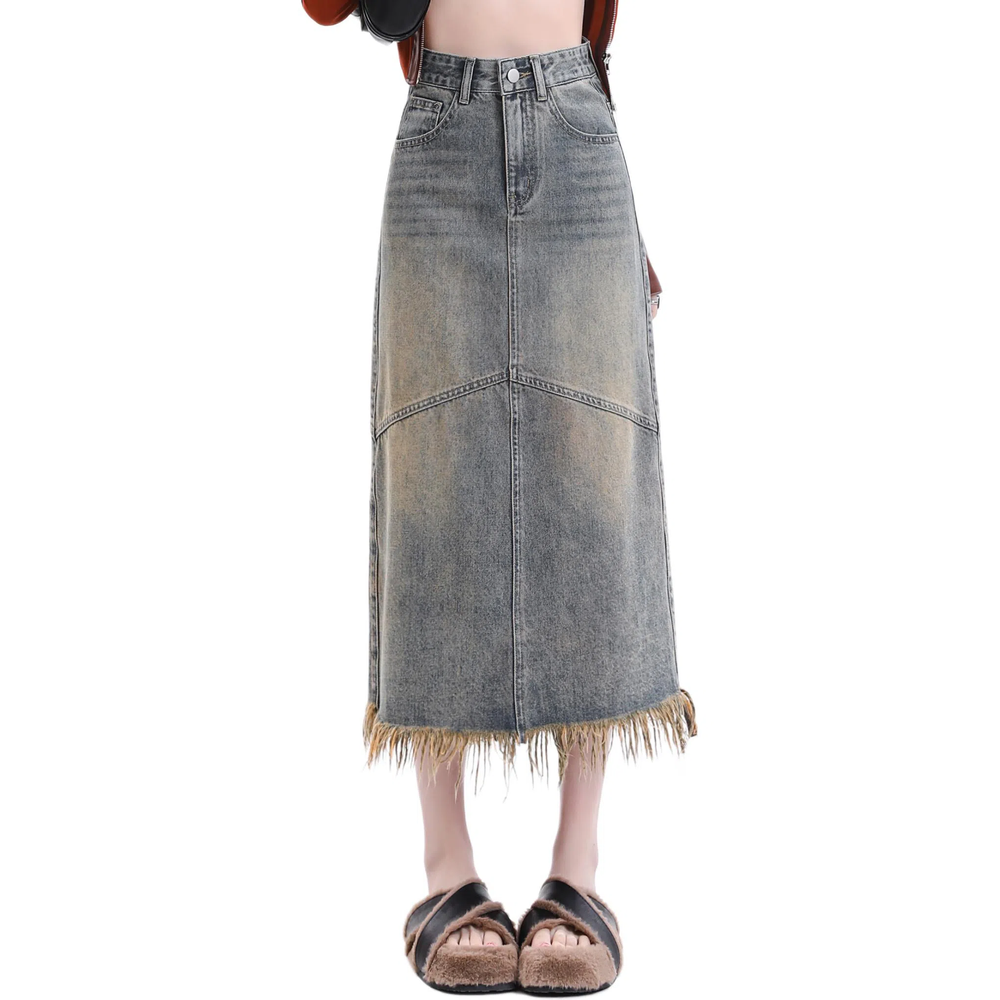 玫丝朵 水洗做旧毛边开叉牛仔长裙 女款 怀旧蓝