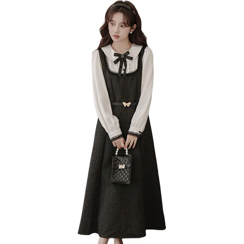 莫代尔 学院风撞色提花雪纺假两件长袖连衣裙 女款 黑茶灰