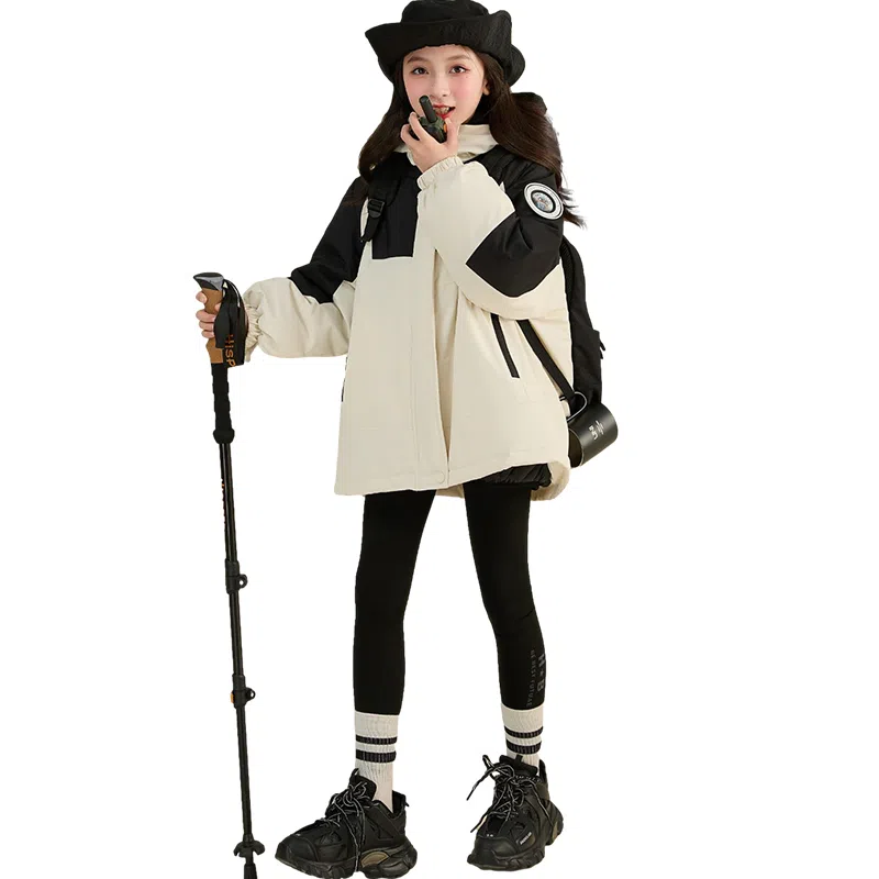 鸭鸭 拼色夹棉羽绒内胆三合一可拆卸防水中长款冲锋衣 儿童款