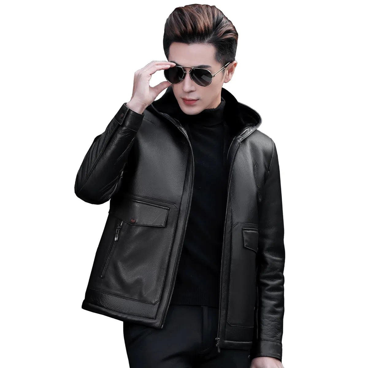 富铤 纯色简约皮毛一体休闲防风连帽真皮皮衣 男款 黑色