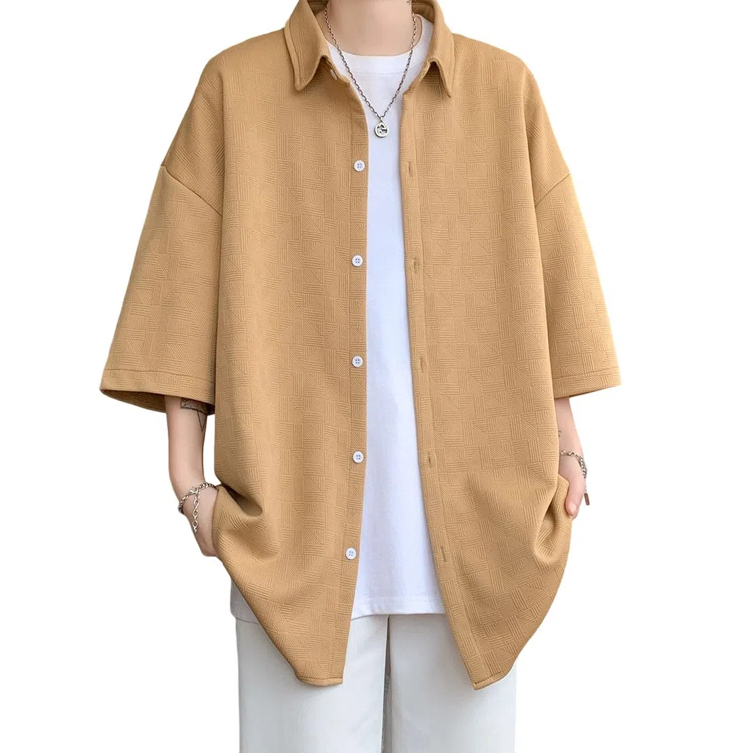 顶峰保罗 无性别主义痞帅潮牌薄款凉感亲肤透气宽松半袖休闲衬衣时尚百搭外套高级感短袖衬衫 男女同款