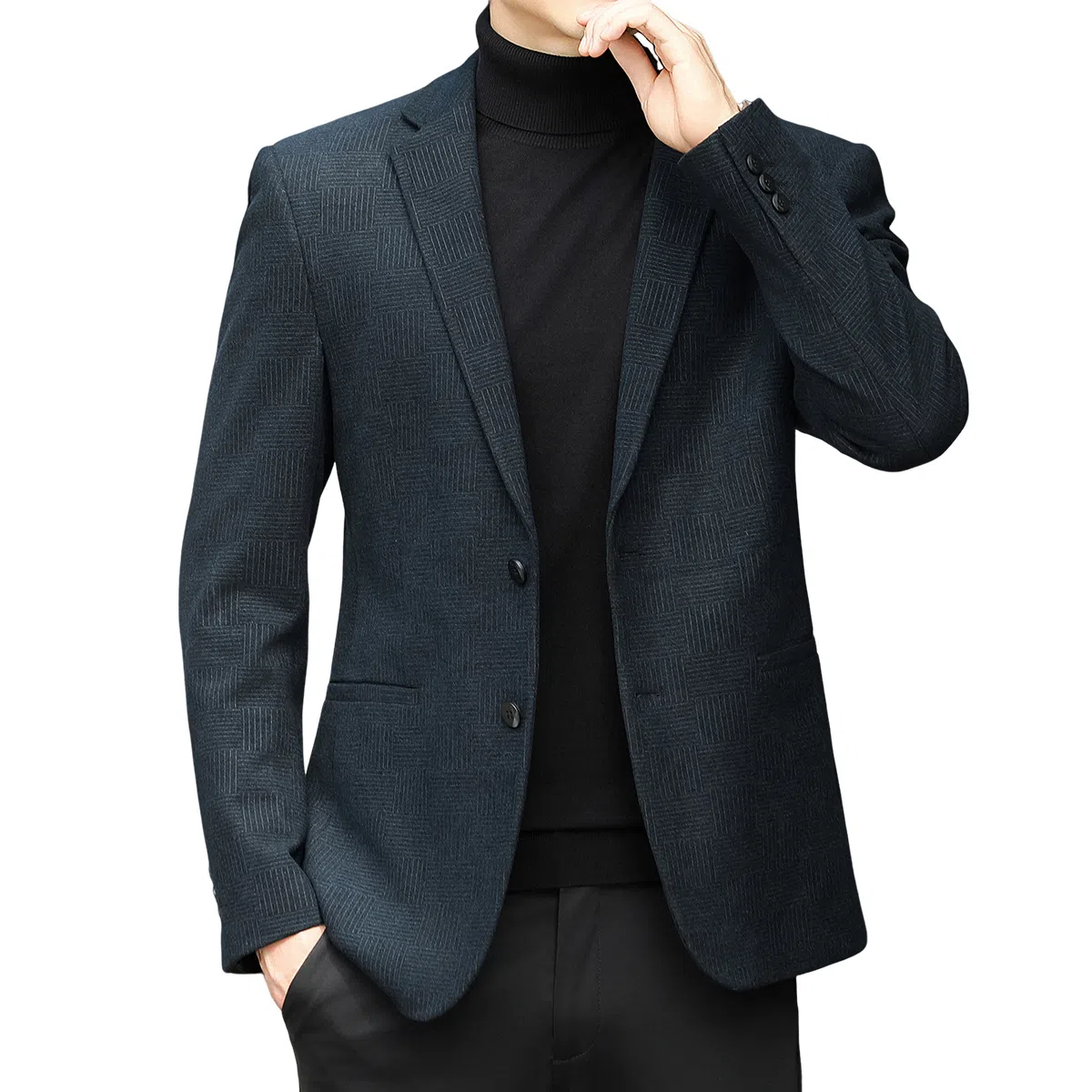 富铤 色织磨毛质感便西条纹美式复古基础百搭弹力易打理商务单西西装 男款 深蓝绿