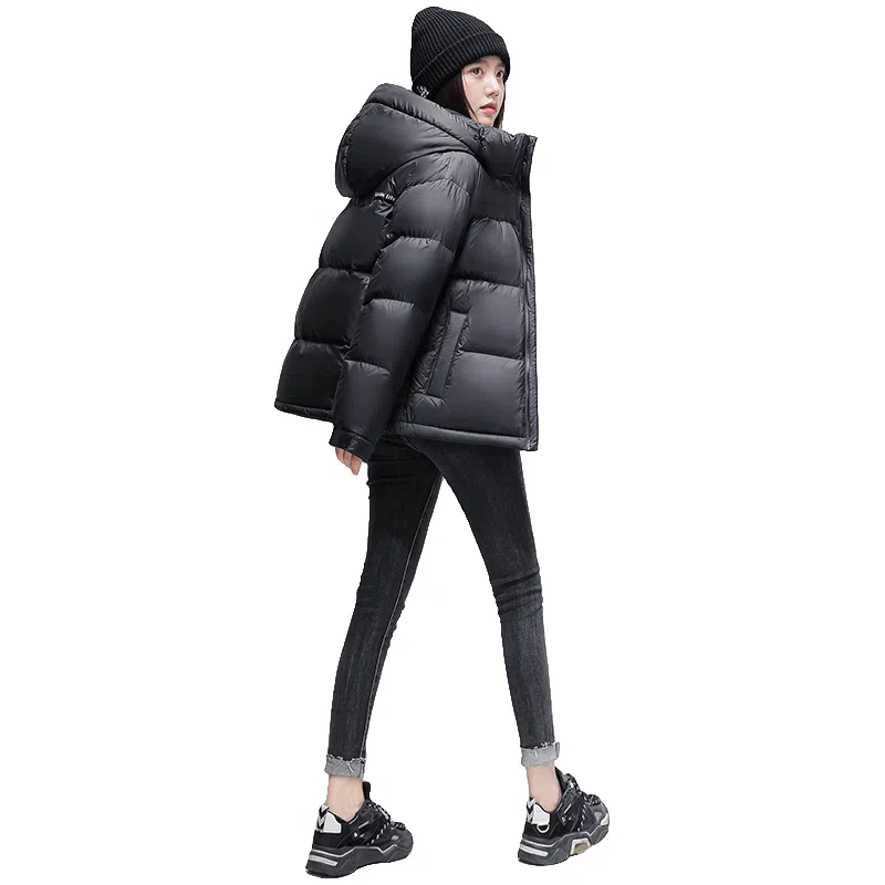 鸭鸭 撞色拼接休闲连帽长袖厚款保暖小个子面包服情侣外穿百搭羽绒服 女款