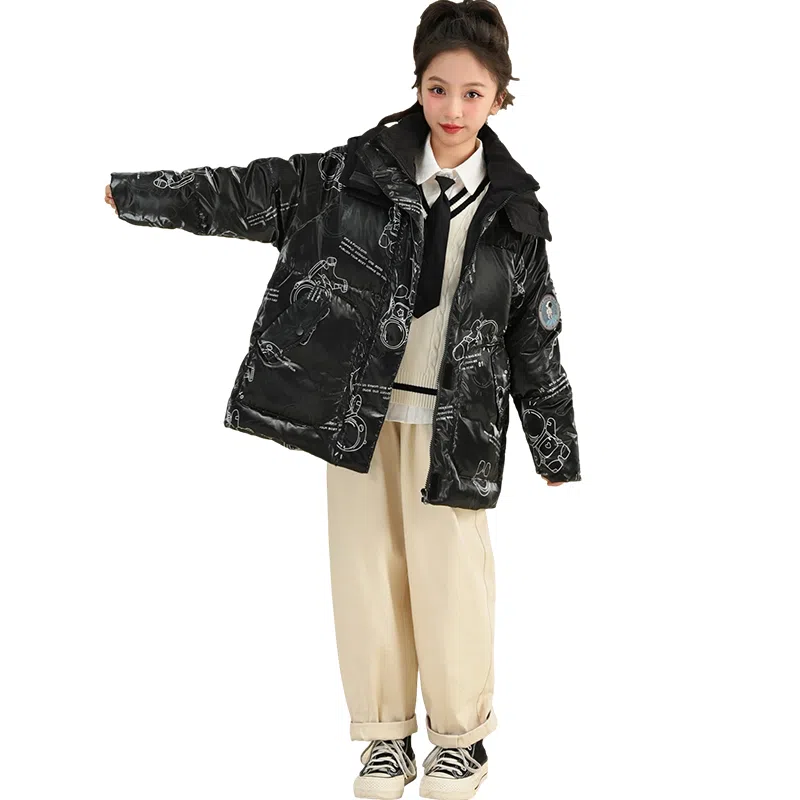 鸭鸭 童装 纯色反光宇航员连帽中长款羽绒服 儿童款