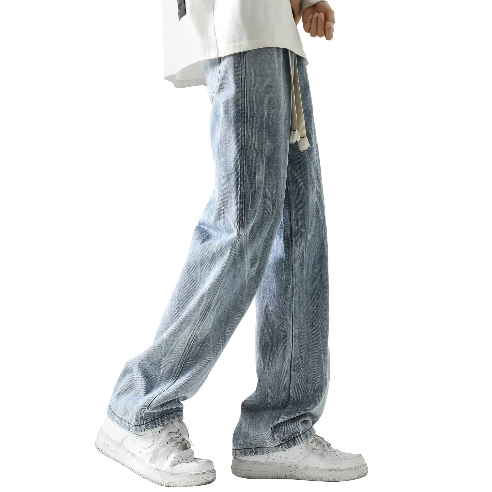 稻草人 基础款高街做旧泼墨舒适亲肤透气直筒长裤通勤百搭中腰宽松简约牛仔裤 男女同款