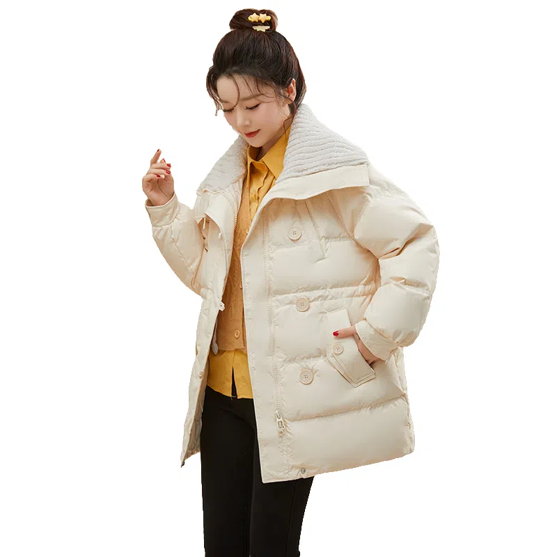 鸭鸭 纯色中长款拉链加厚休闲长袖羽绒服 女款