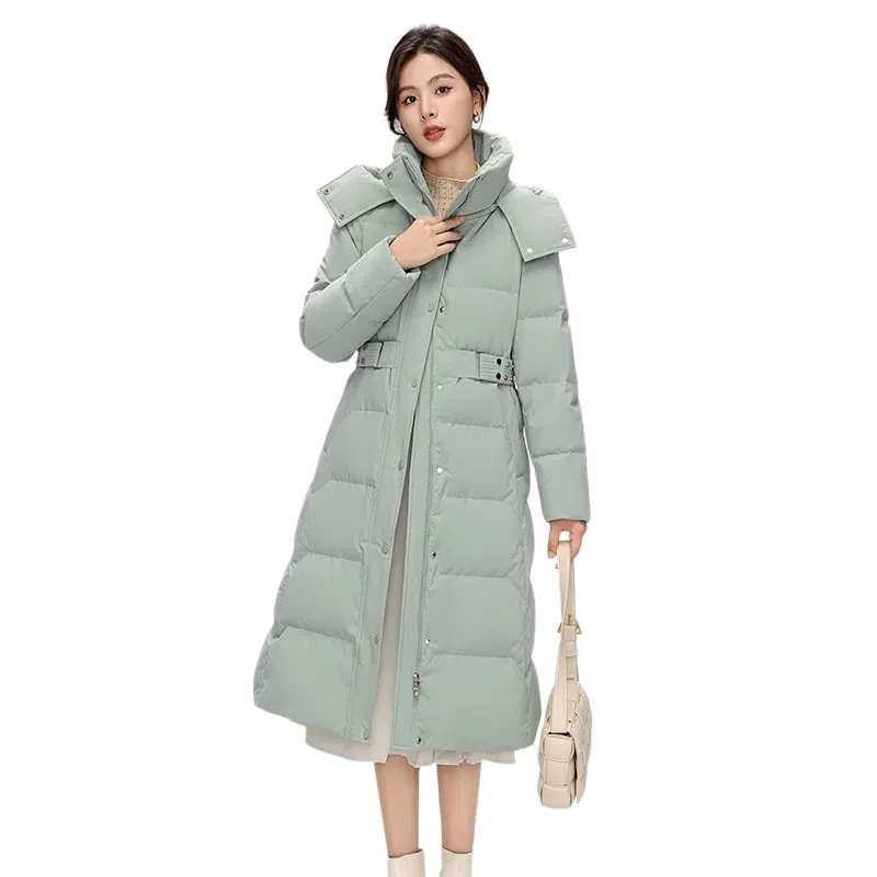 鸭鸭 纯色连帽拉链保暖长款羽绒服 女款